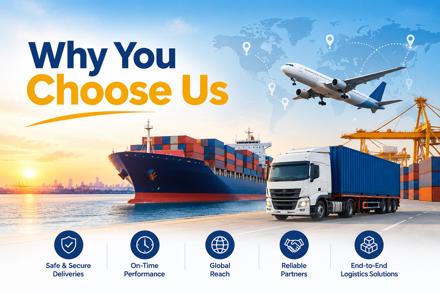 Global logistics graphic showing air, sea and road freight with safe delivery, on-time performance, global reach and end-to-end logistics